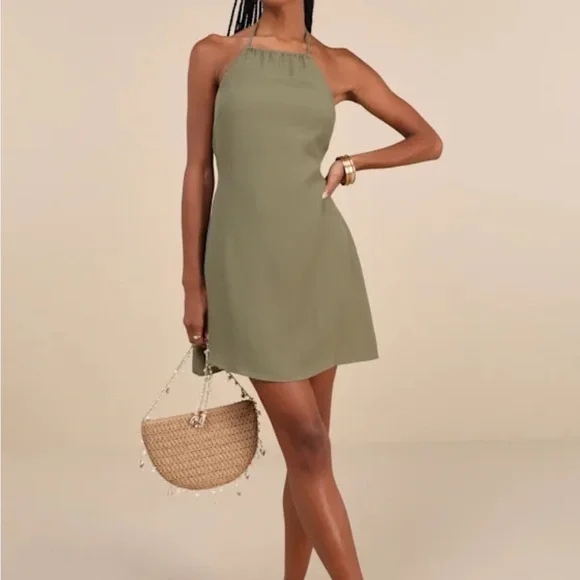 Breezy Date Olive Green Cutout Halter Mini Dress - Picture 3 of 3